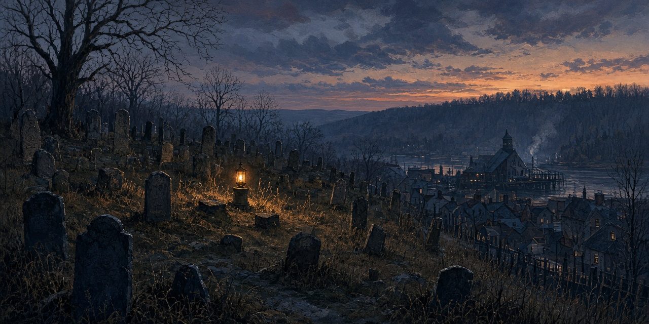 brookville-featured Illustration of an 1850s hillside graveyard at dusk above a small Pennsylvania town