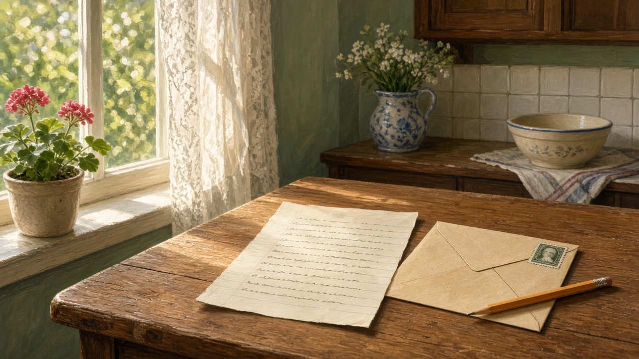 Illustration of a handwritten letter and envelope on a kitchen table by a sunny window