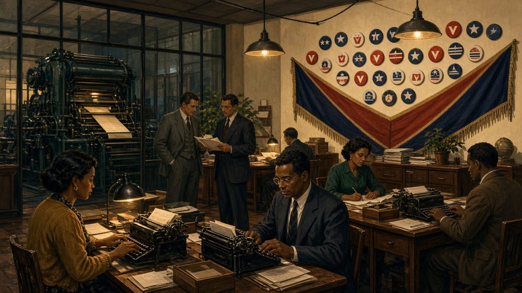 Illustration of a 1940s newspaper office with typewriters, a printing press and campaign pins on the wall