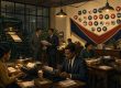 Illustration of a 1940s newspaper office with typewriters, a printing press and campaign pins on the wall