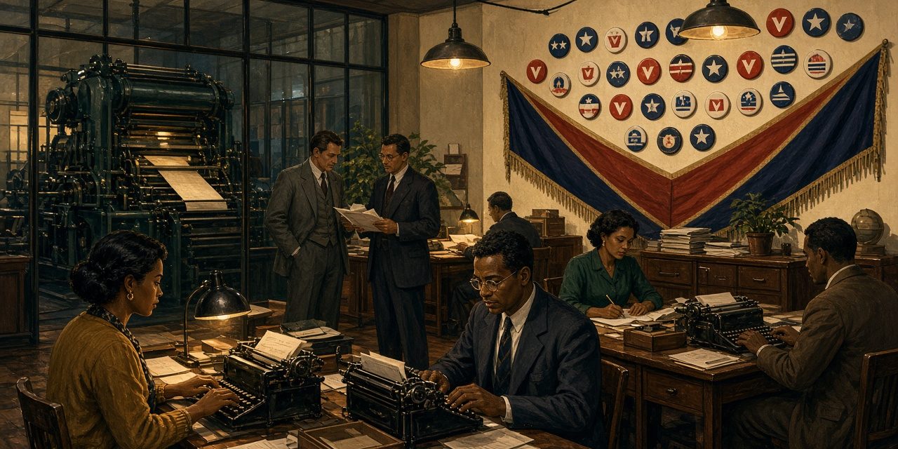 courier-featured Illustration of a 1940s newspaper office with typewriters, a printing press and campaign pins on the wall
