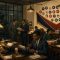 Illustration of a 1940s newspaper office with typewriters, a printing press and campaign pins on the wall