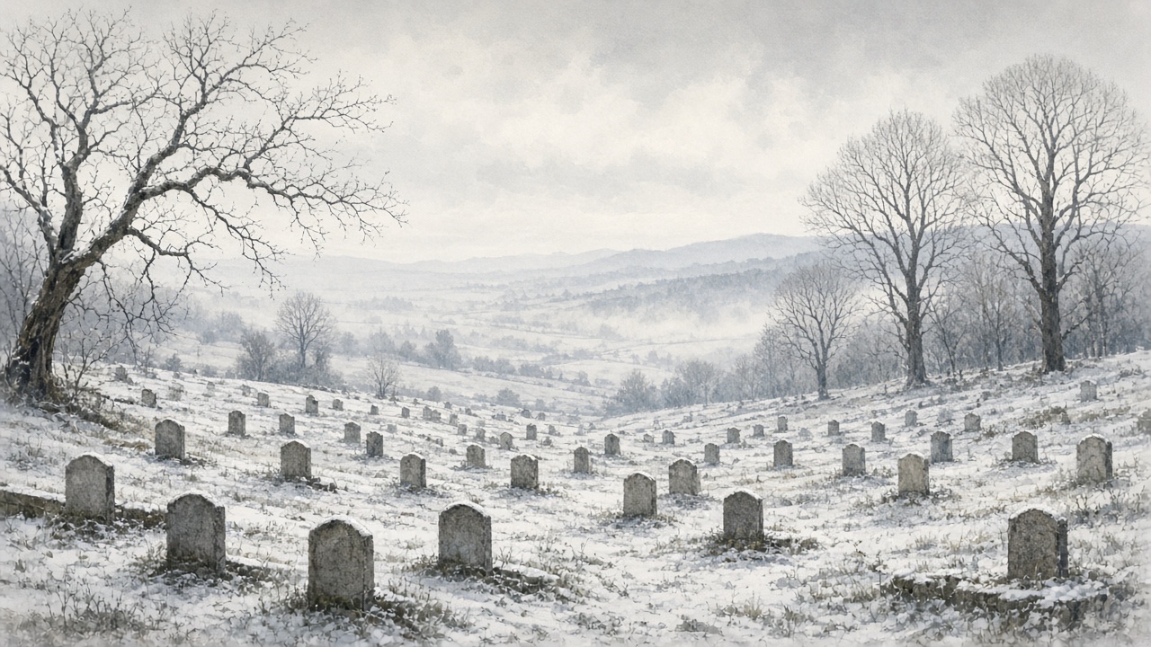Illustration of a winter hillside cemetery with plain stone markers