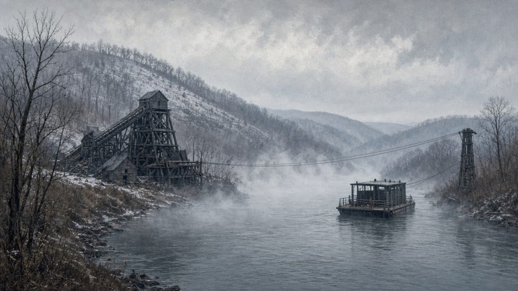 Illustration of a winter coal valley with a cable ferry crossing the Youghiogheny River
