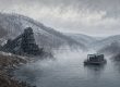 Illustration of a winter coal valley with a cable ferry crossing the Youghiogheny River