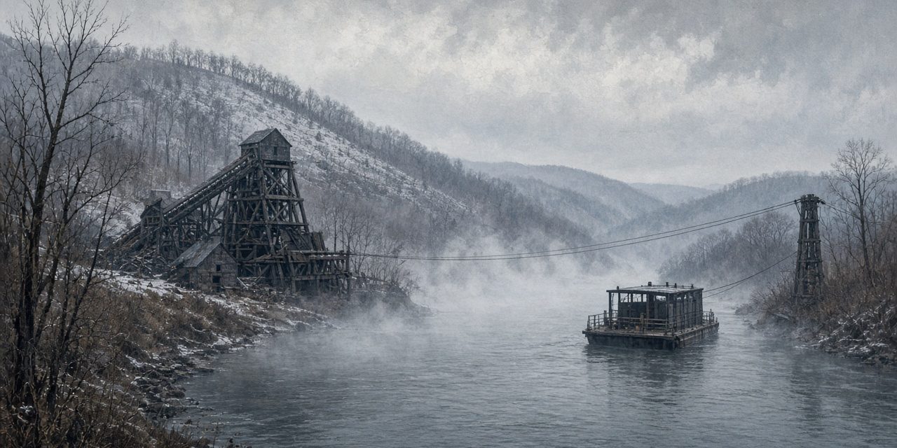 darr-featured Illustration of a winter coal valley with a cable ferry crossing the Youghiogheny River