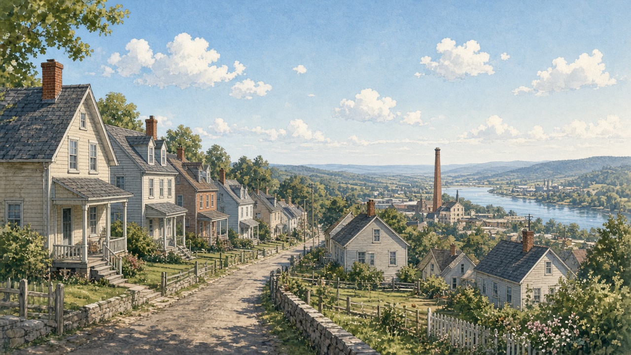 Illustration of a hillside street of small houses above a river valley on a clear day