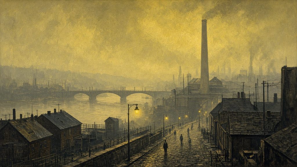 Illustration of a Pennsylvania mill town under thick yellow smog in 1948