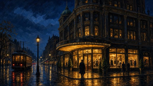 Illustration of a downtown Pittsburgh department store at night with its marquee lit and a streetcar passing on a wet street