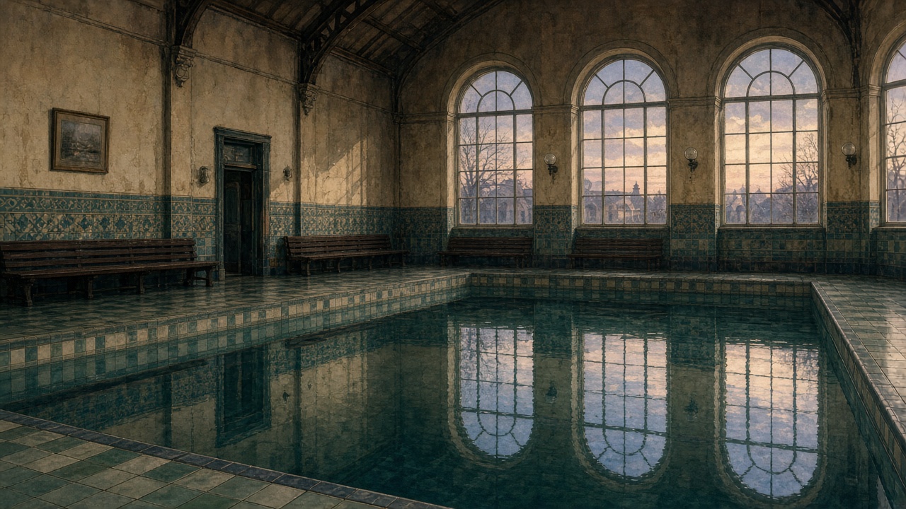 Illustration of an empty indoor swimming pool hall around 1900 with arched windows