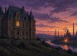 Illustration of a brick Carnegie library on a hill above a steel mill at dusk