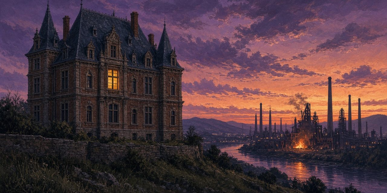homestead-featured Illustration of a brick Carnegie library on a hill above a steel mill at dusk