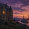 Illustration of a brick Carnegie library on a hill above a steel mill at dusk