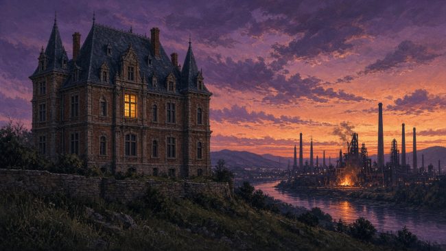 Illustration of a brick Carnegie library on a hill above a steel mill at dusk
