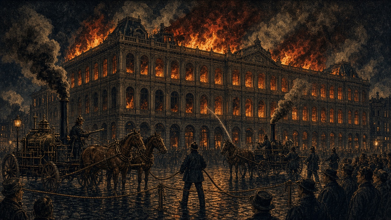 Illustration of a department store on fire at night with horse-drawn steam fire engines in the street, 1890s lithograph style