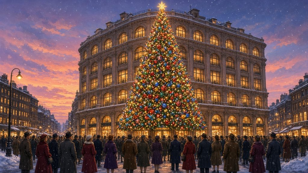 Illustration of a giant lighted Christmas tree on the corner of a downtown Pittsburgh department store at dusk
