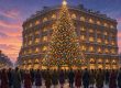 Illustration of a giant lighted Christmas tree on the corner of a downtown Pittsburgh department store at dusk