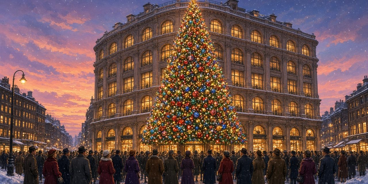 hornes-featured Illustration of a giant lighted Christmas tree on the corner of a downtown Pittsburgh department store at dusk
