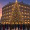 Illustration of a giant lighted Christmas tree on the corner of a downtown Pittsburgh department store at dusk