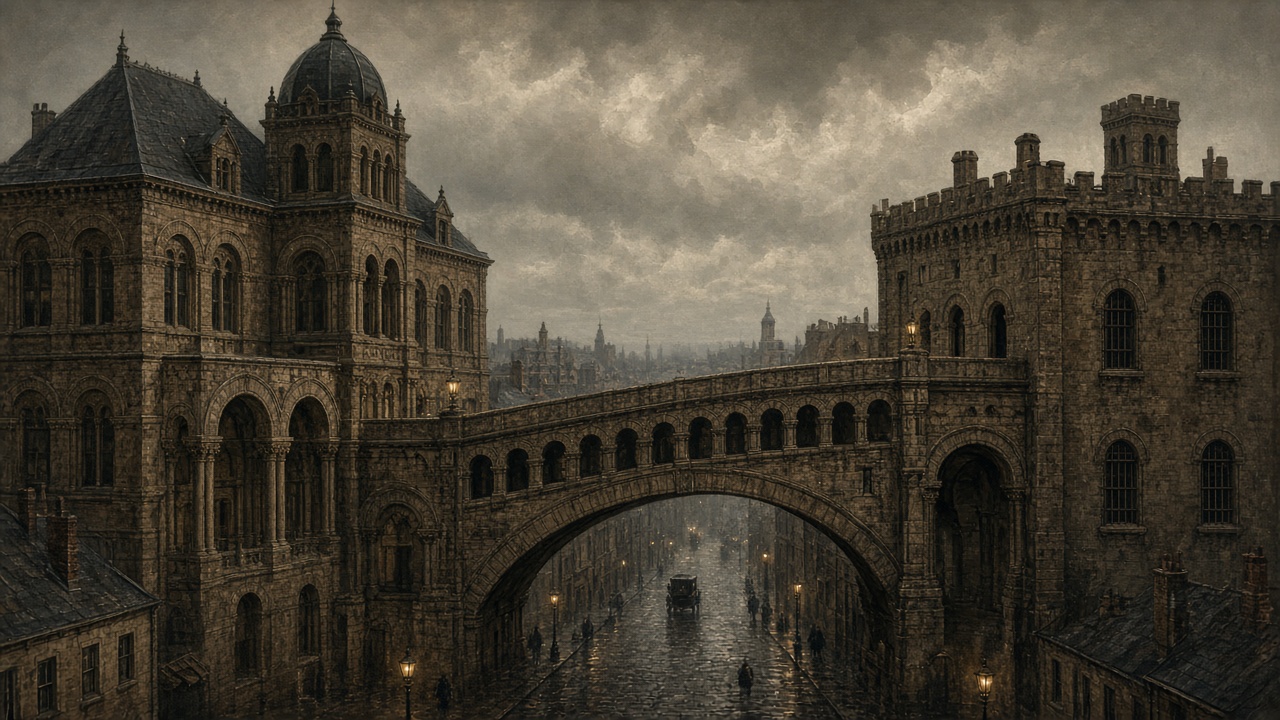 Illustration of a stone bridge connecting a Romanesque courthouse to a jail across a city street