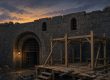 Illustration of the stone yard wall of a Gilded Age jail with a wooden scaffold being built at dusk