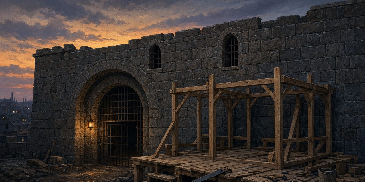 jail-featured Illustration of the stone yard wall of a Gilded Age jail with a wooden scaffold being built at dusk