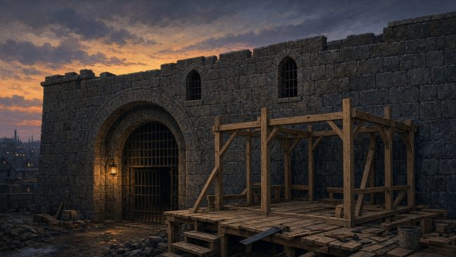 Illustration of the stone yard wall of a Gilded Age jail with a wooden scaffold being built at dusk