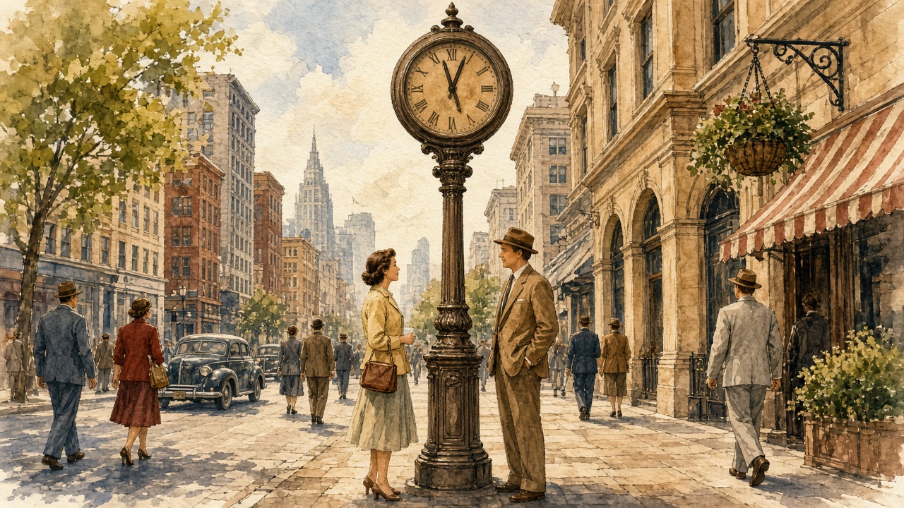 Watercolor illustration of two people meeting under the Kaufmann's clock in downtown Pittsburgh