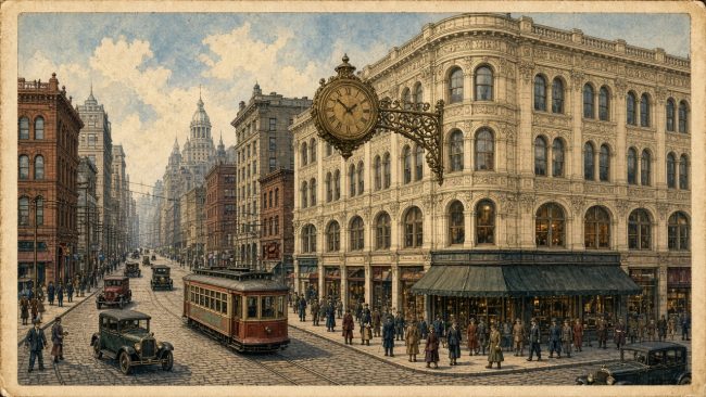 Illustration of the bronze Kaufmann's clock on the corner of the Kaufmann's department store in downtown Pittsburgh