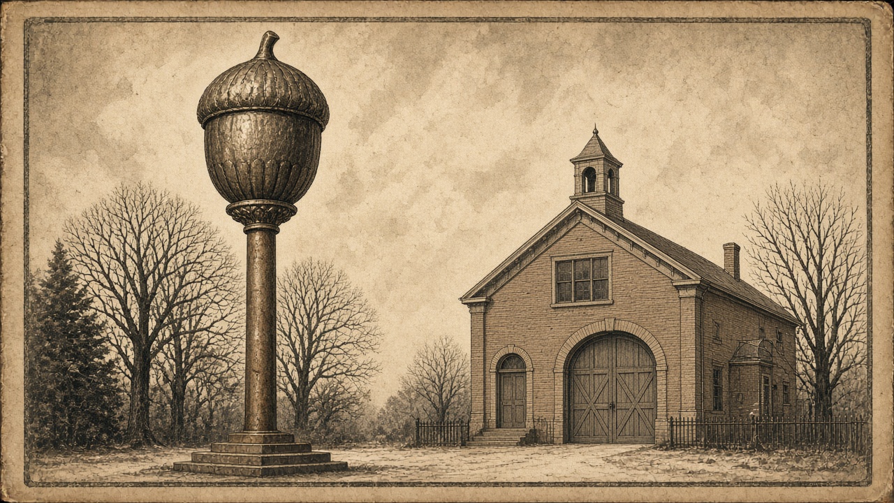Illustration of the acorn-shaped Kecksburg UFO replica on a pole beside the volunteer fire hall