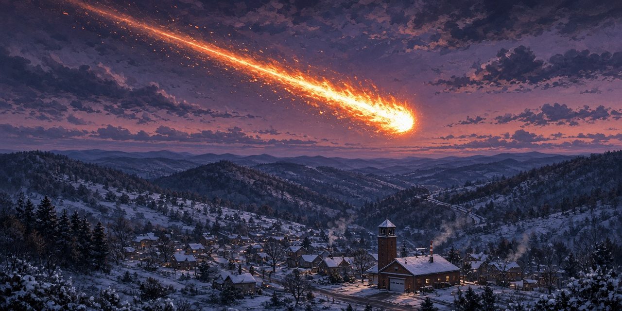 Illustration of a bright fireball streaking over snowy Western Pennsylvania hills at dusk in December 1965