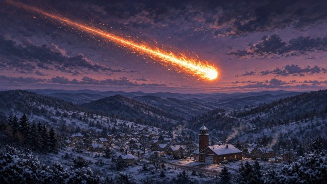Illustration of a bright fireball streaking over snowy Western Pennsylvania hills at dusk in December 1965