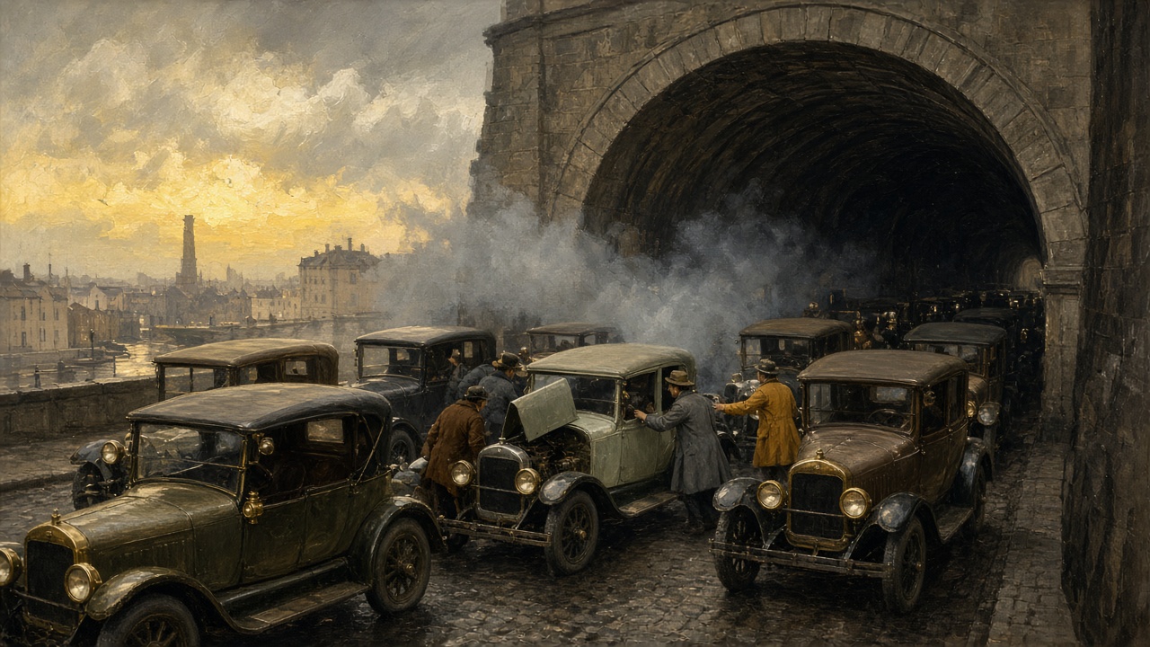 Illustration of a 1924 traffic jam at a tunnel entrance with exhaust haze and rescuers helping drivers