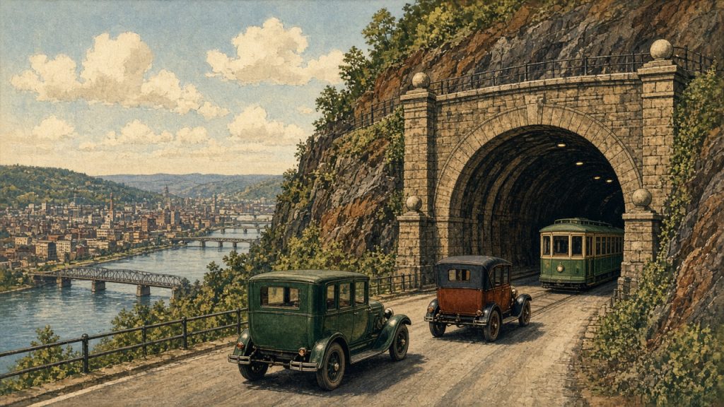 Illustration of the north portal of the Liberty Tunnel in the 1920s with early cars and a streetcar