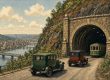 Illustration of the north portal of the Liberty Tunnel in the 1920s with early cars and a streetcar