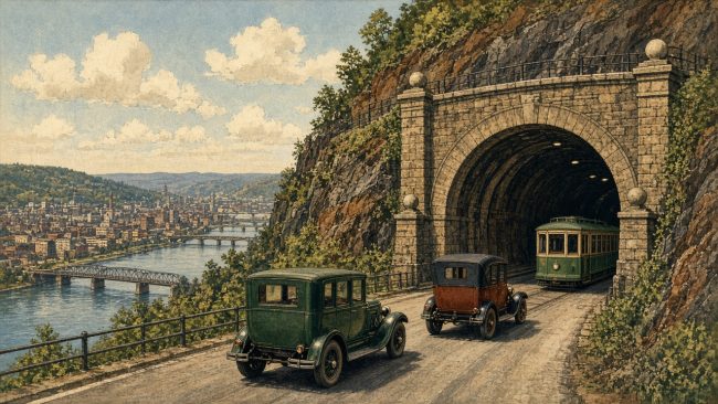 Illustration of the north portal of the Liberty Tunnel in the 1920s with early cars and a streetcar