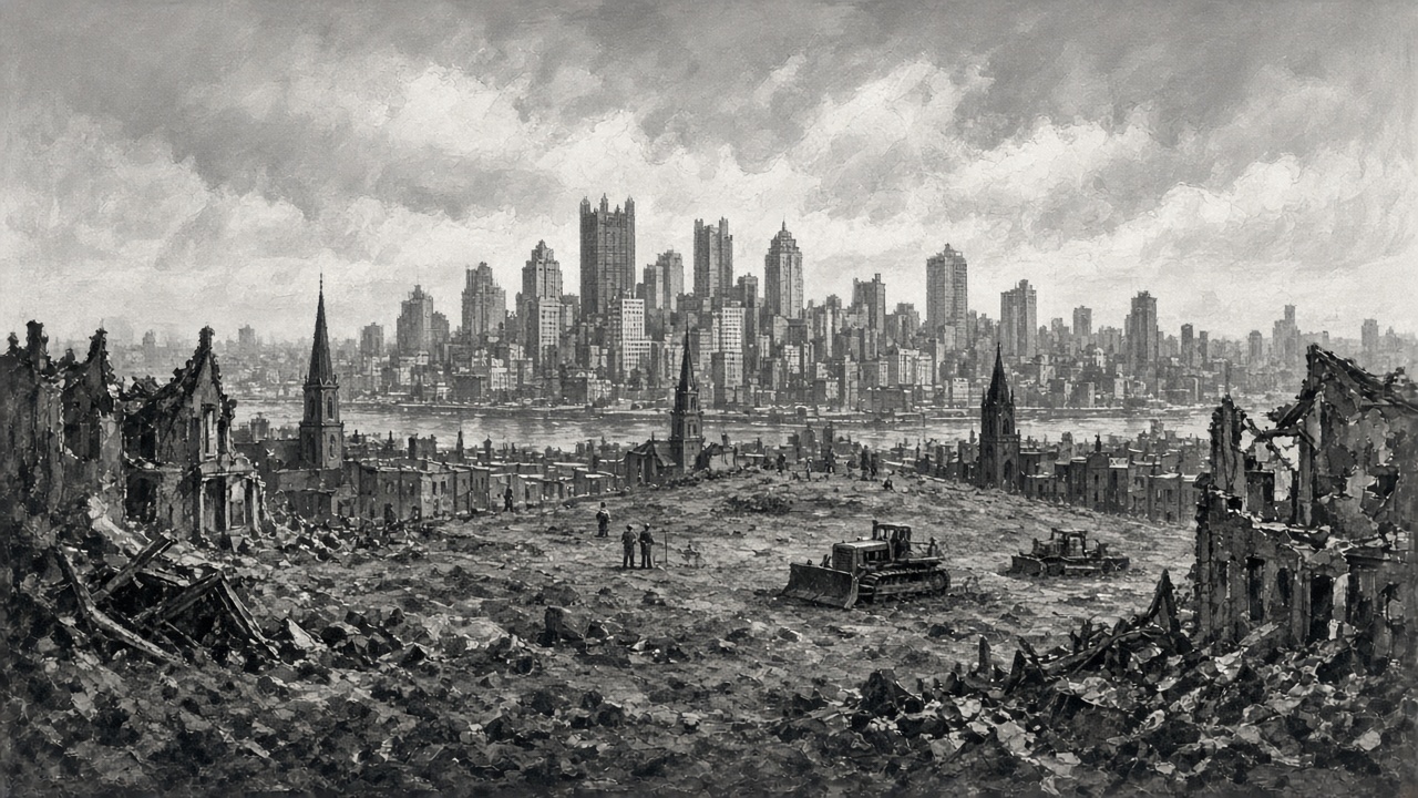 Illustration of a cleared Lower Hill lot with rubble, church steeples and bulldozers, with the downtown skyline behind.