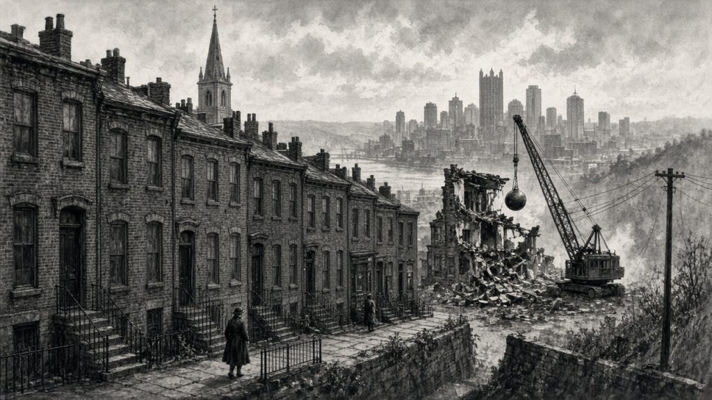 Illustration of a Lower Hill District row-house street with a wrecking crane at the end of the block and the downtown skyline behind.