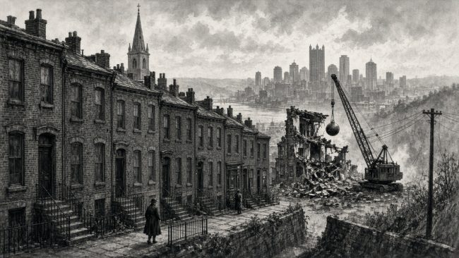 Illustration of a Lower Hill District row-house street with a wrecking crane at the end of the block and the downtown skyline behind.