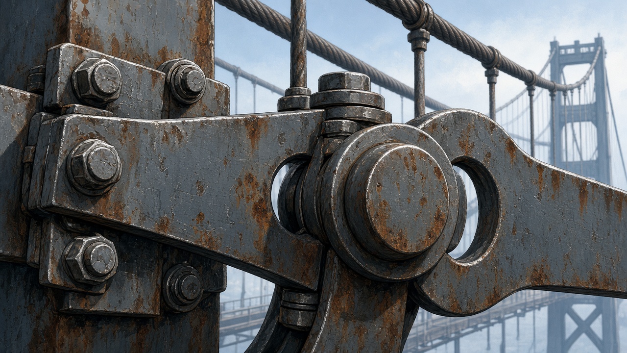 Illustration of a rusted steel eyebar link and pin on a suspension bridge