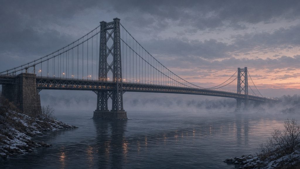 Illustration of an eyebar suspension bridge over a river at winter dusk