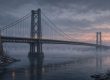 Illustration of an eyebar suspension bridge over a river at winter dusk