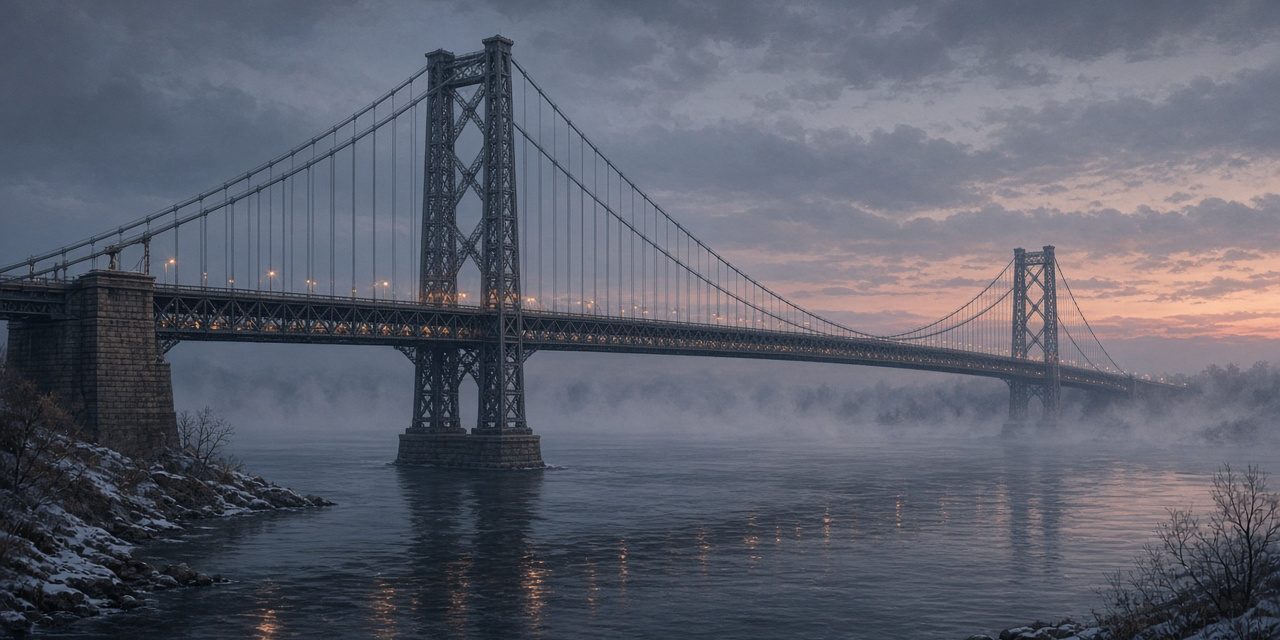 mothman-featured Illustration of an eyebar suspension bridge over a river at winter dusk