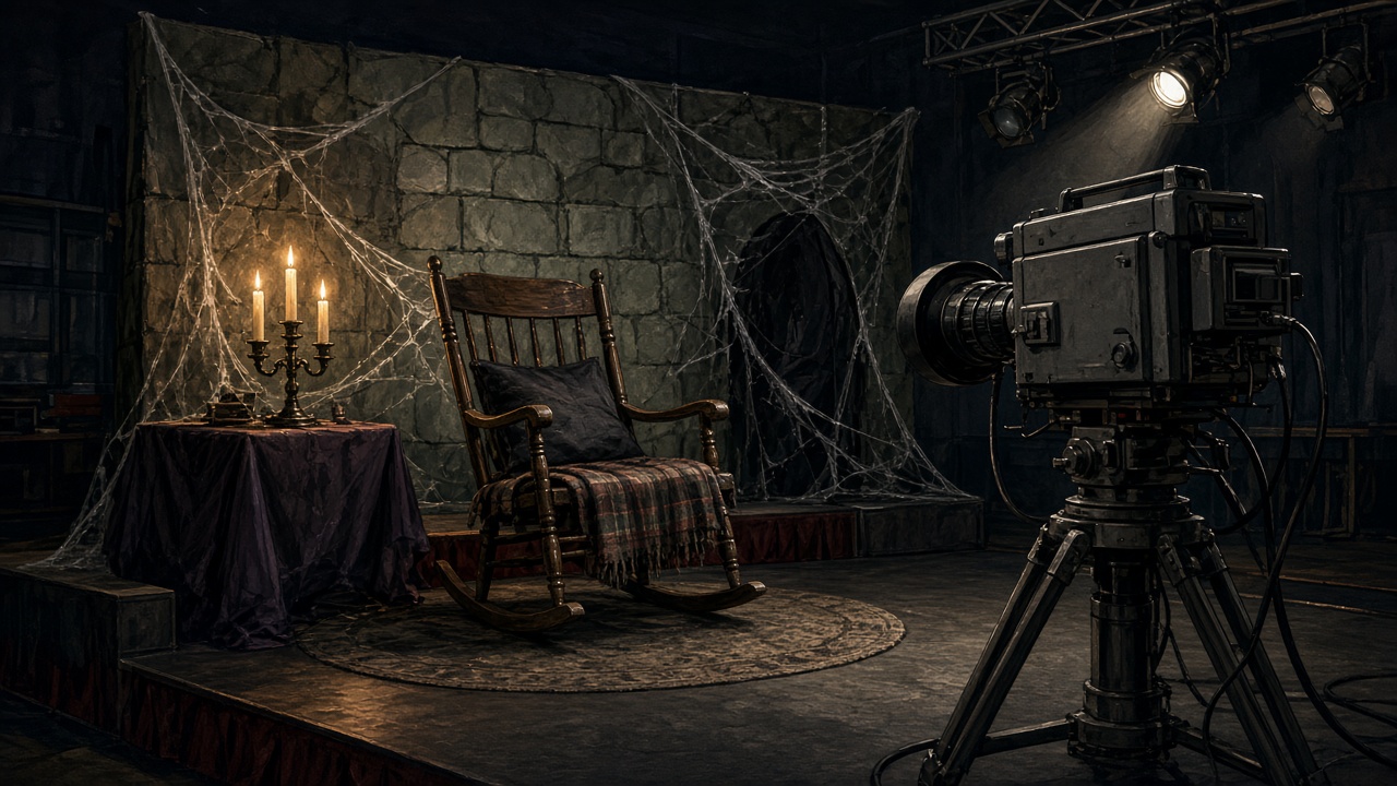 Illustration of a 1960s late-night horror television set with a vintage camera