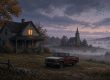 Illustration of a rural Pennsylvania farmhouse and a small stone chapel at twilight in fog