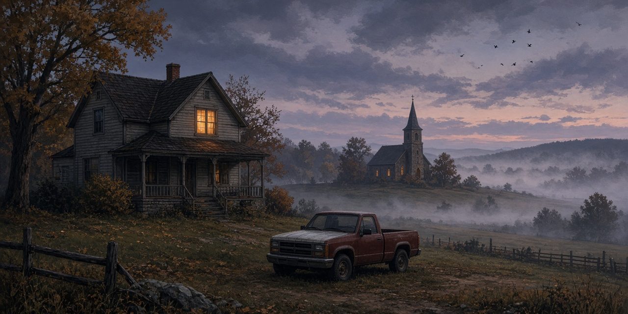 Illustration of a rural Pennsylvania farmhouse and a small stone chapel at twilight in fog
