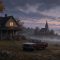 Illustration of a rural Pennsylvania farmhouse and a small stone chapel at twilight in fog