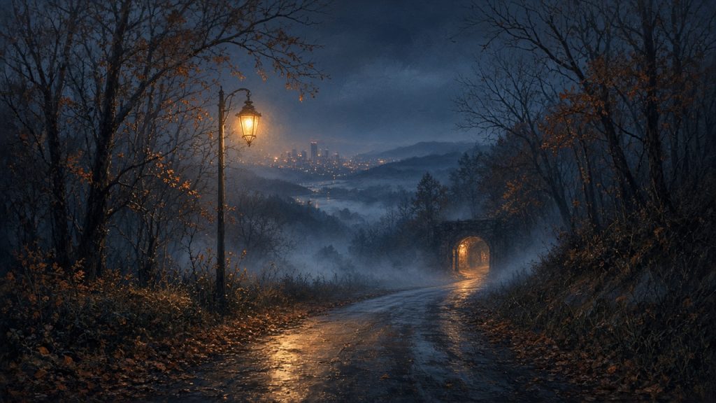 Illustration of a foggy Western Pennsylvania road at night