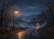Illustration of a foggy Western Pennsylvania road at night