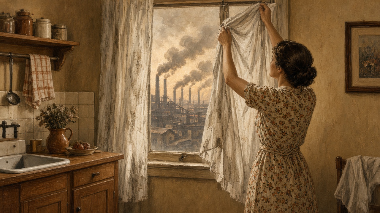 Illustration of a woman taking down soot-stained white curtains with a smoky Pittsburgh skyline outside